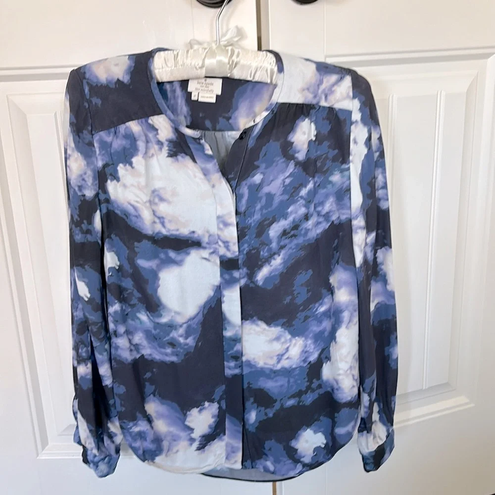 Kate Spade New York Long Sleeve Printed Crepe Blouse in “Blue Dusk”